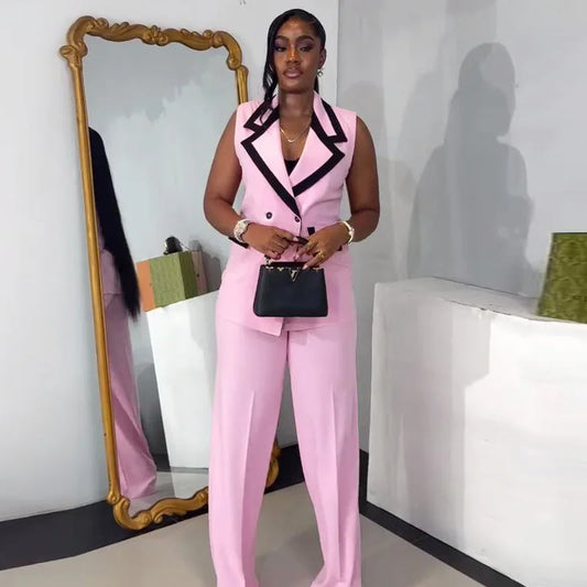 Women Two Piece Sets Matching Sets Double Breasted Tops Vest Wide Leg Long Pants