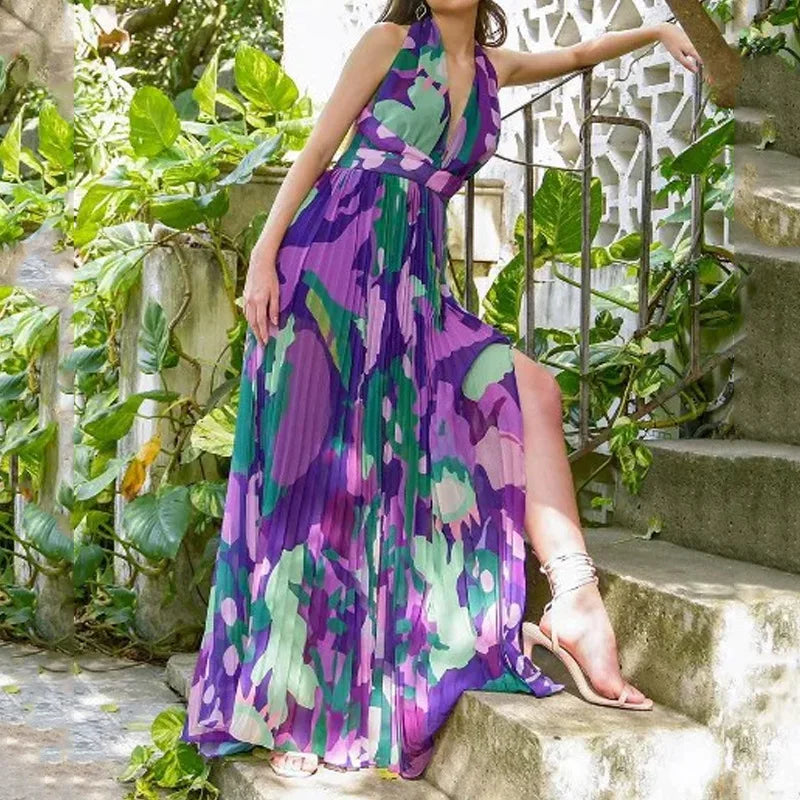 Women's Dress Sexy Deep V Neck Sleeveless Backless High Waist Split Long Dress