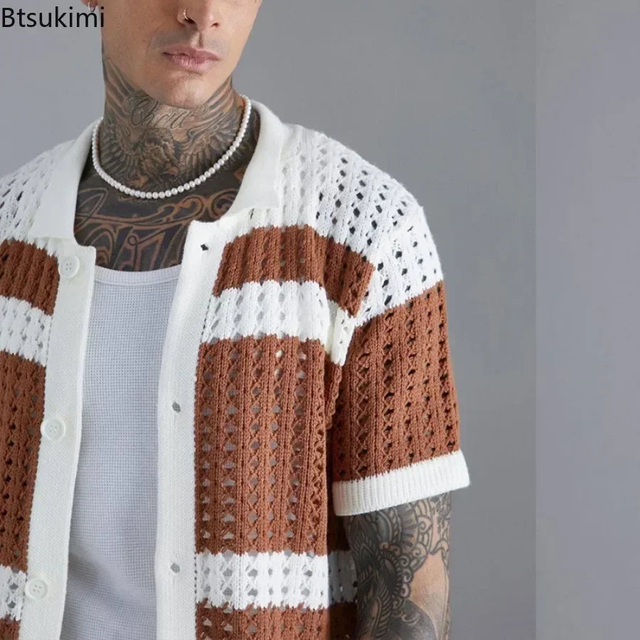 Striped Patchwork Knitted Shirts for Men Summer Short-sleeved Hollow Out Tops