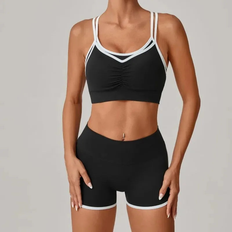 Women's Yoga  Fitness Color-Block Cross Beauty  Hip-Lifting Shorts Suits