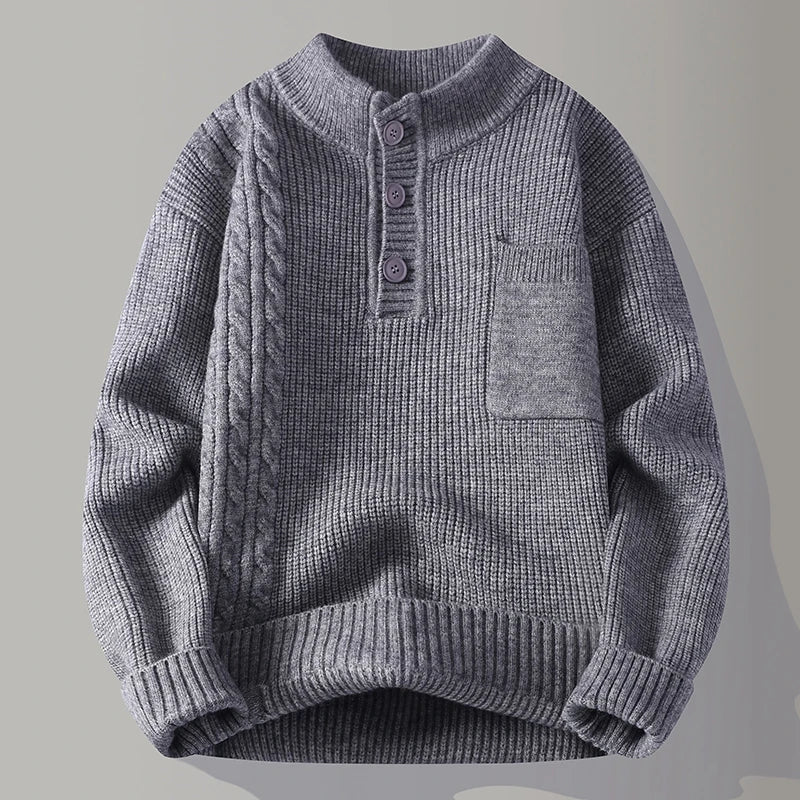 Men's Designer Original Cable Knit Henley Sweater Mock Neck Chest Pocket