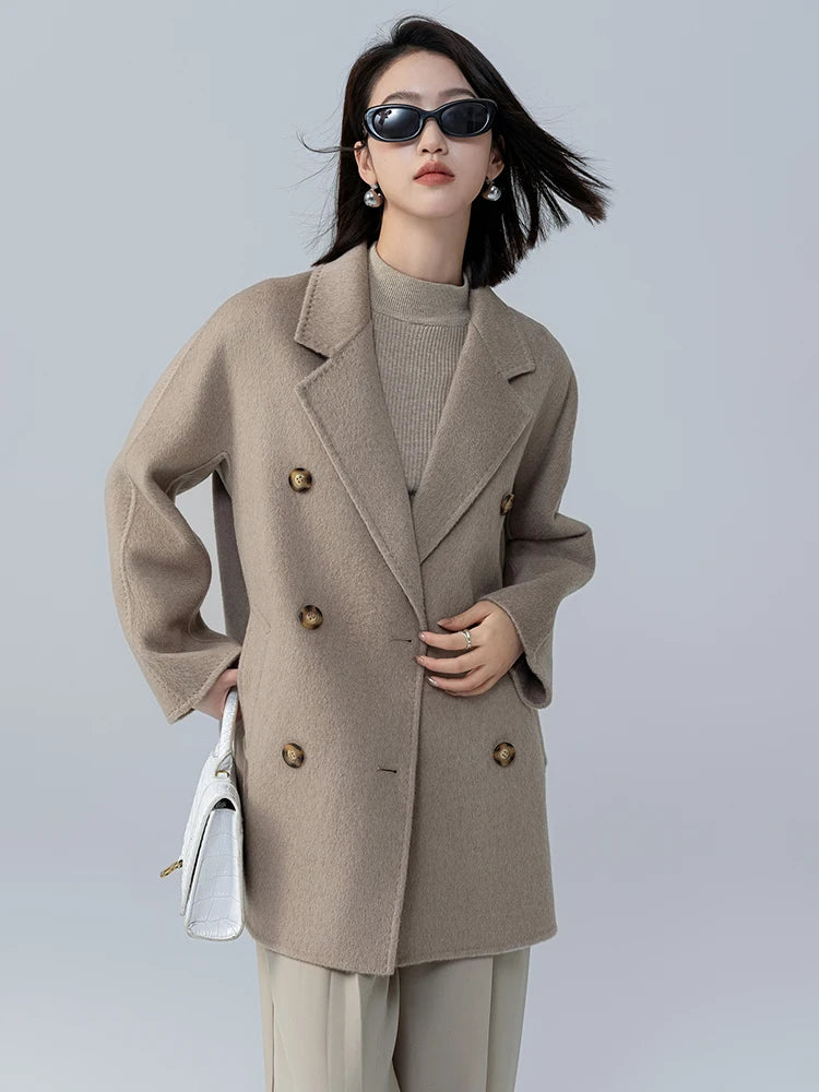 Mid-Length Women's  Camel  Double Breasted coat