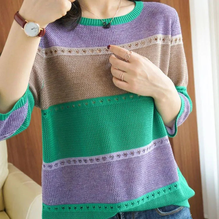Women's  Round Neck Striped Pullovers Long Sleeve Sweaters