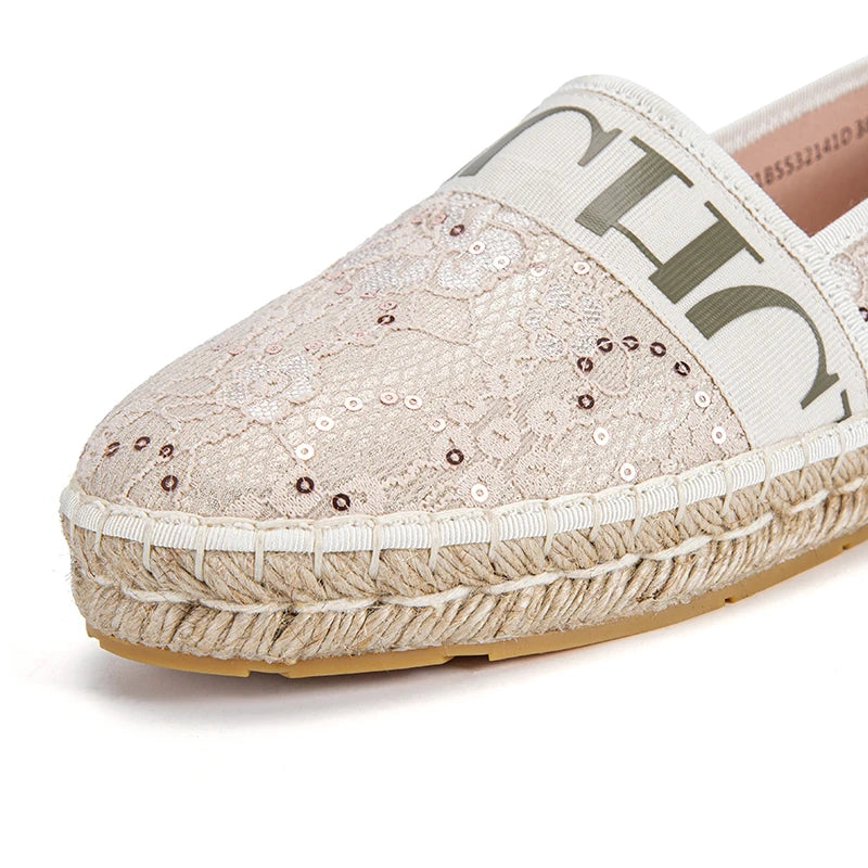 Exquisite Craftsmanship Women's Loafers Lace-up Flats Sparkling Loafers Handmade Grass Woven Soles