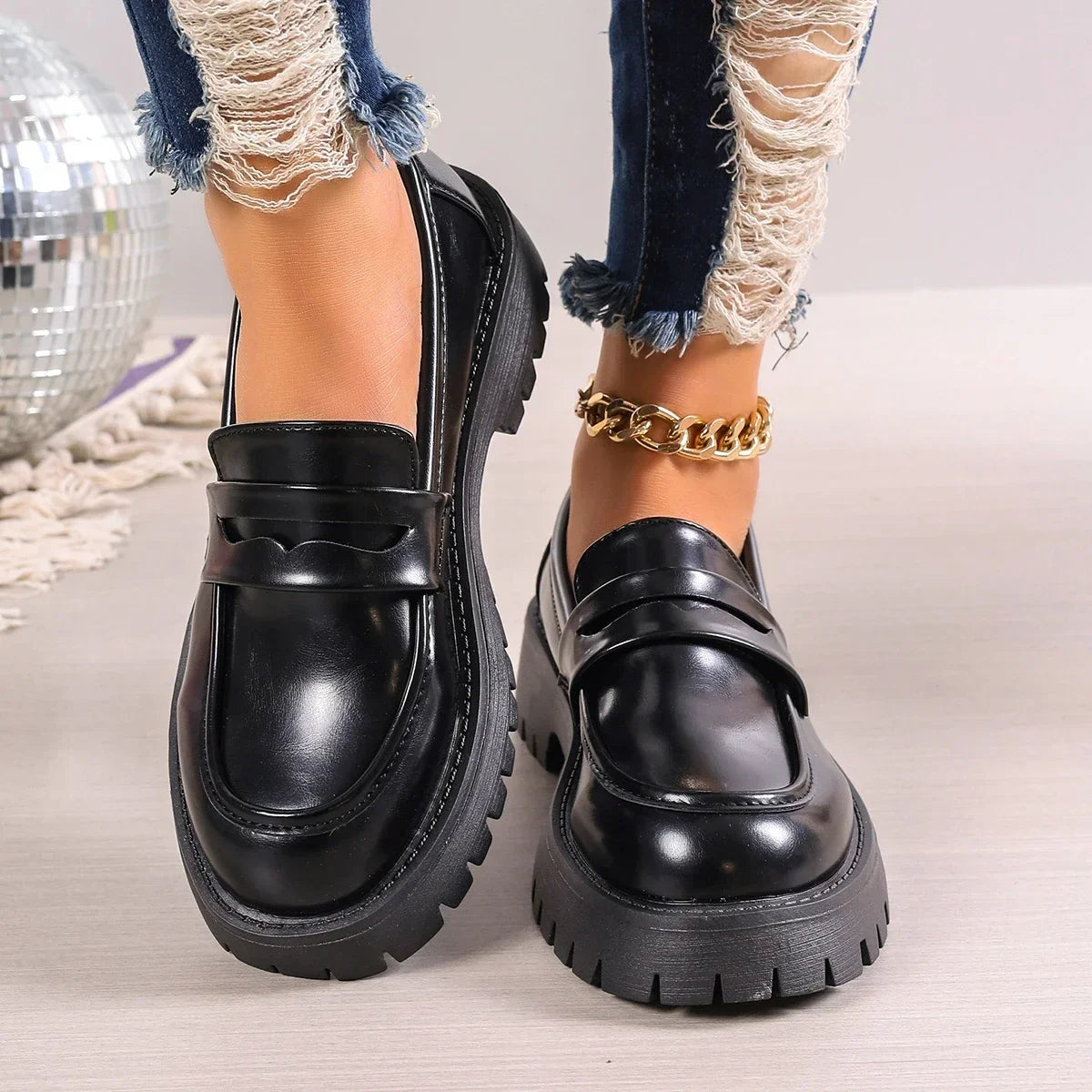 Casual Platform Loafers  Leather Shoes Comfort Slip On Flats