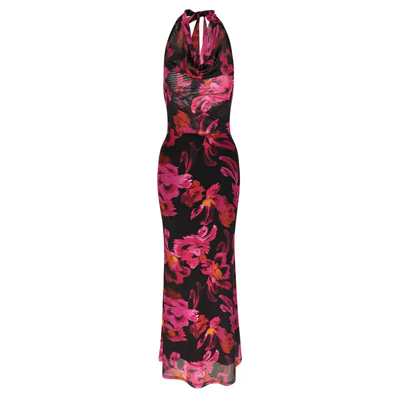 Sexy Print Sleeveless Lady Elegant Mesh Dress Clothing