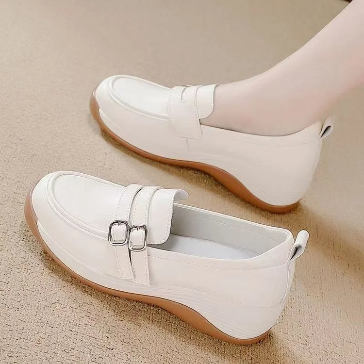 Soft Leather Loafers - Platform Wedge Heel Mom Shoes