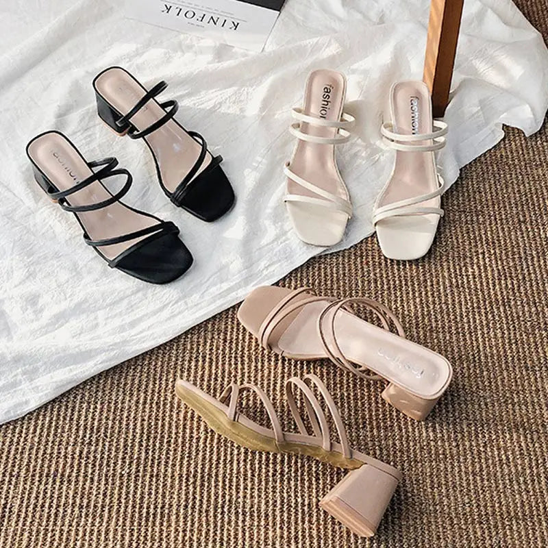 Women Sandals Ladies Square Heels Elegant Summer Slippers