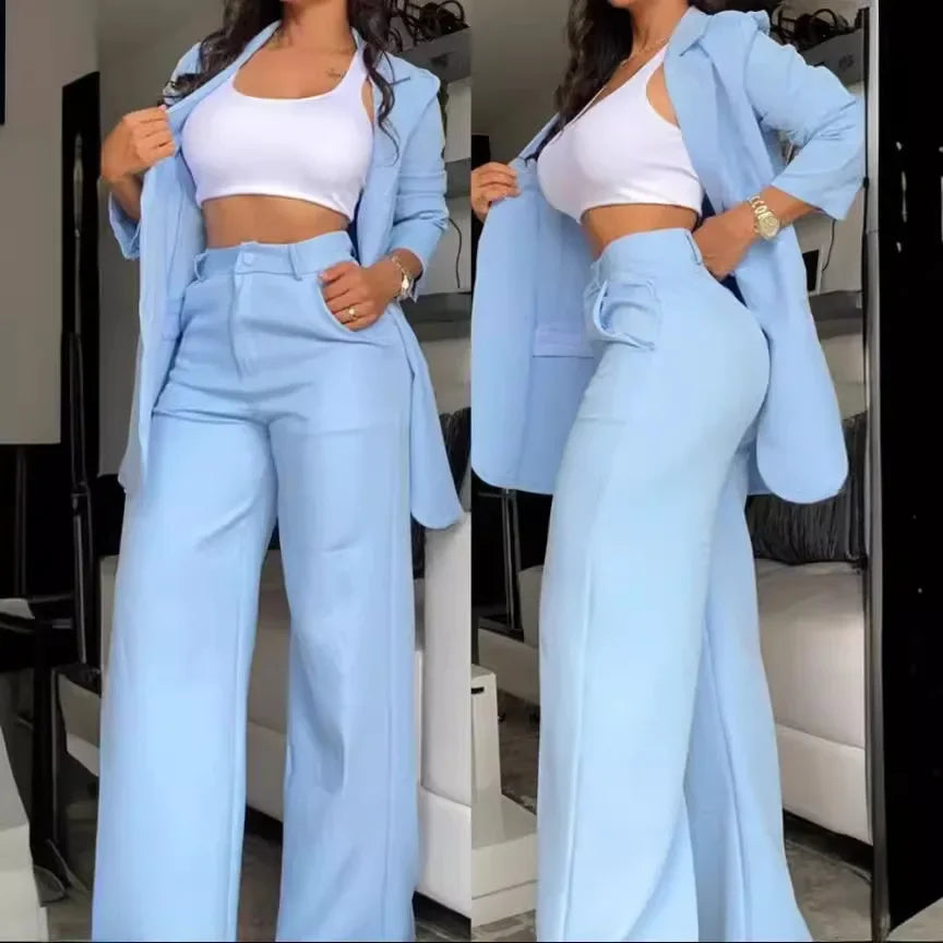 Women Two Piece Set  Single Breasted Tracksuit Outerwear Ankle Length Straight Pockets Set