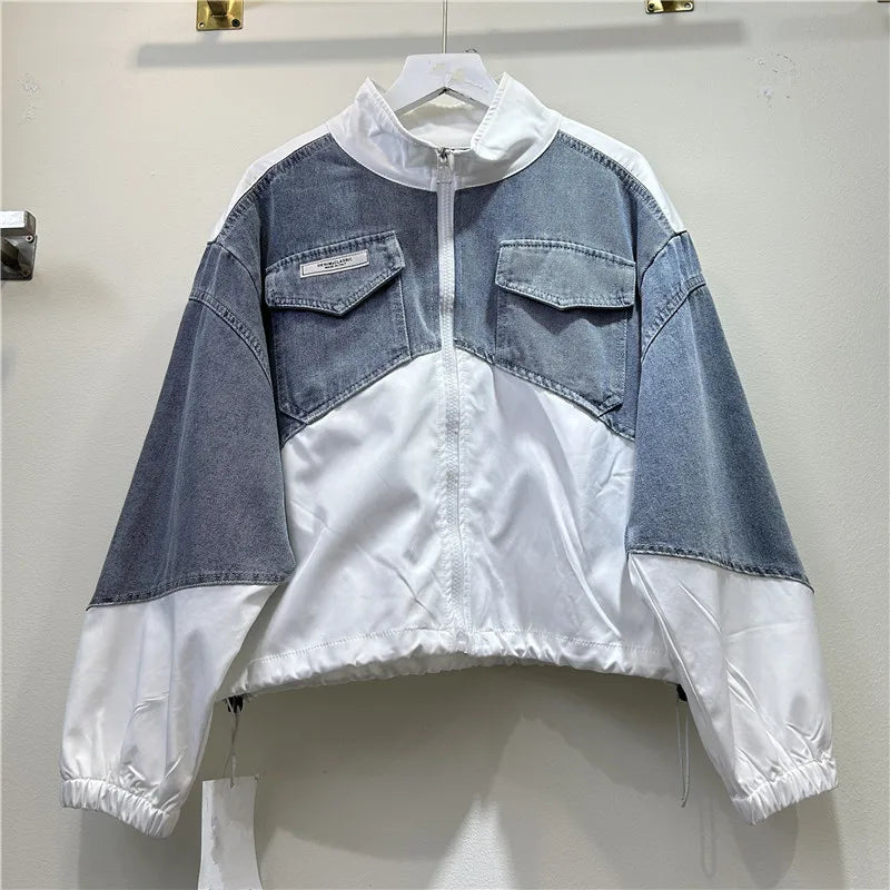 Denim Coats Stand Collar Jackets Zipper Full Sleeve