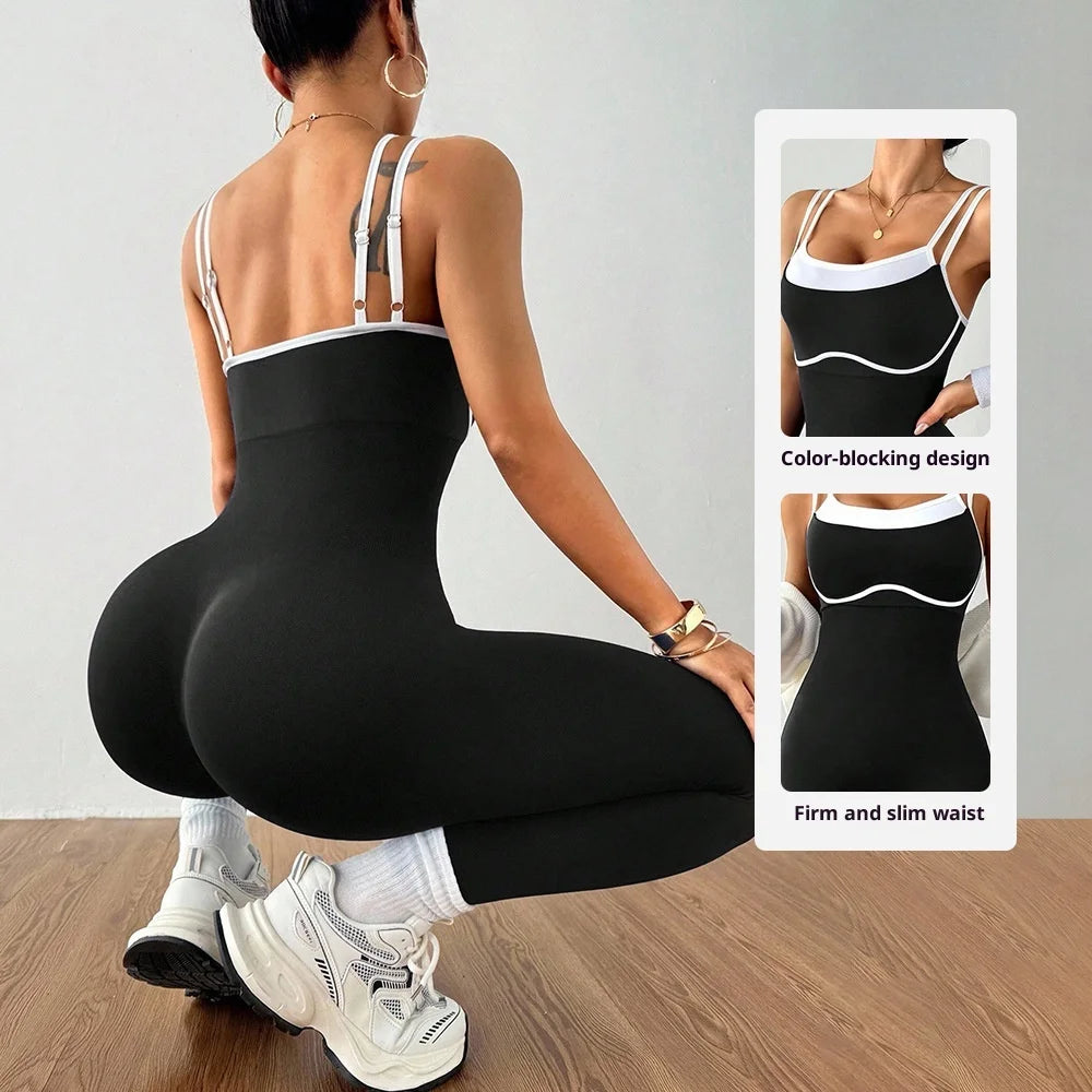 Women One-piece Yoga Jumpsuit With Pads Sleeveless Patchwork Slim Fit