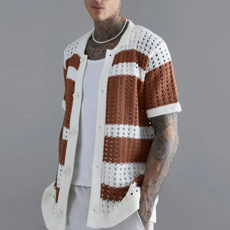Striped Patchwork Knitted Shirts for Men Summer Short-sleeved Hollow Out Tops