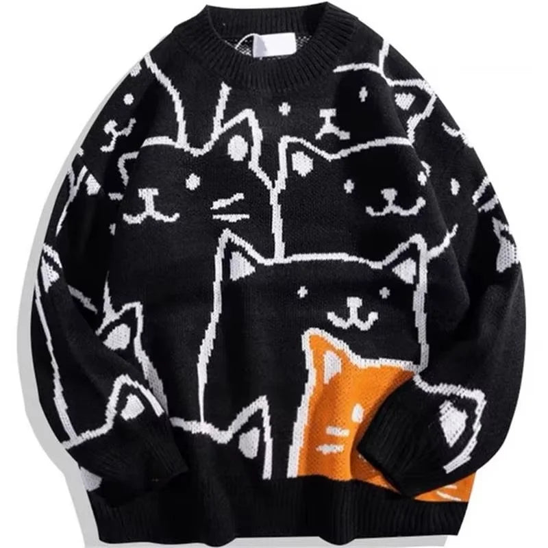 Cartoon Cat Knitted Sweater. Men 's  Jumper Knit Oversized Vintage Sweater
