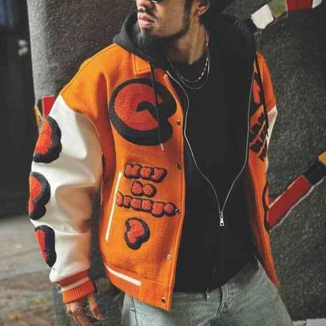 Embroidery Varsity Jacket Men PU Leather Sleeves Oversized Bomber Jackets