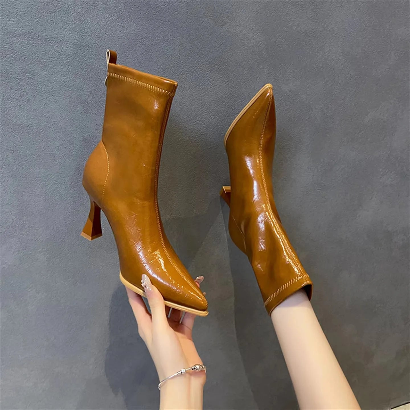 Pointed Toe High Heels Elegant Women Boots Chunky Leather Shoes