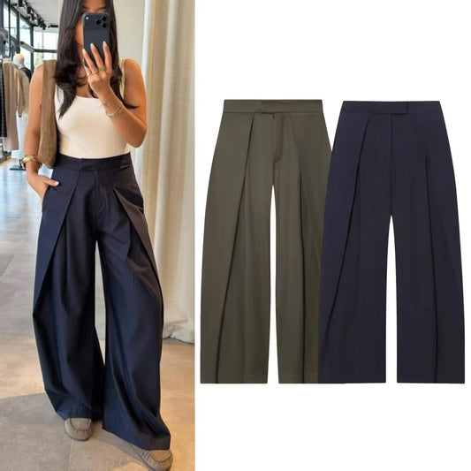 Women's Long Pants Military Green Pleated Loose Wide-Leg Pants