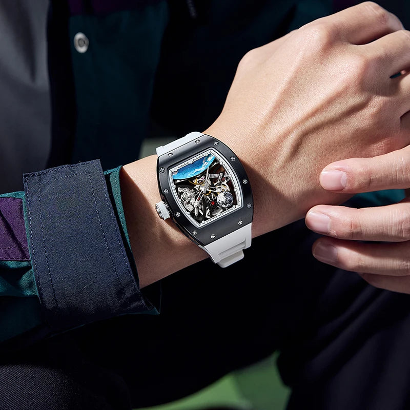 Men's Automatic Watches Tonneau Mechanical Clock Earth Dial Waterproof  Wrist Watch