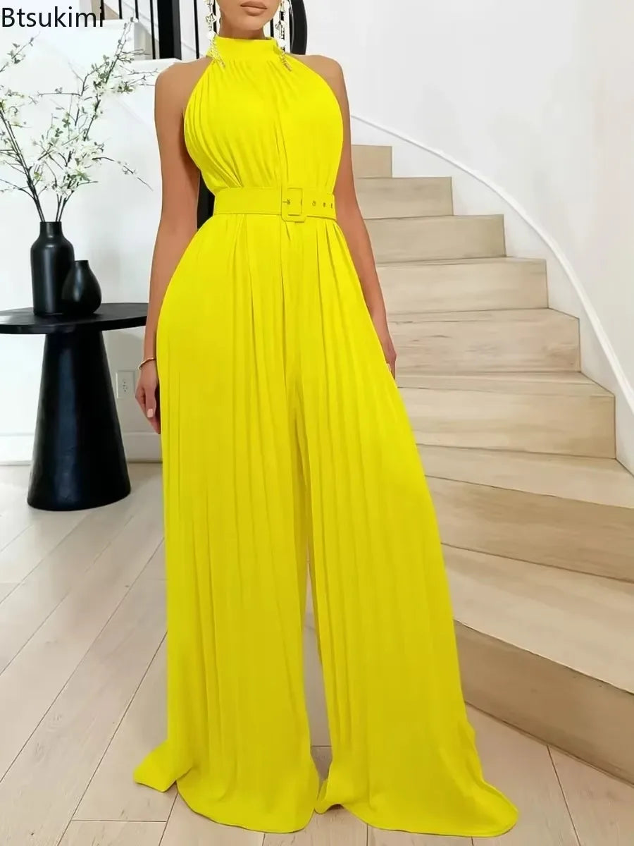 Fashion Jumpsuits Sleeveless Sexy Casual Wide Leg Pleated Rompers