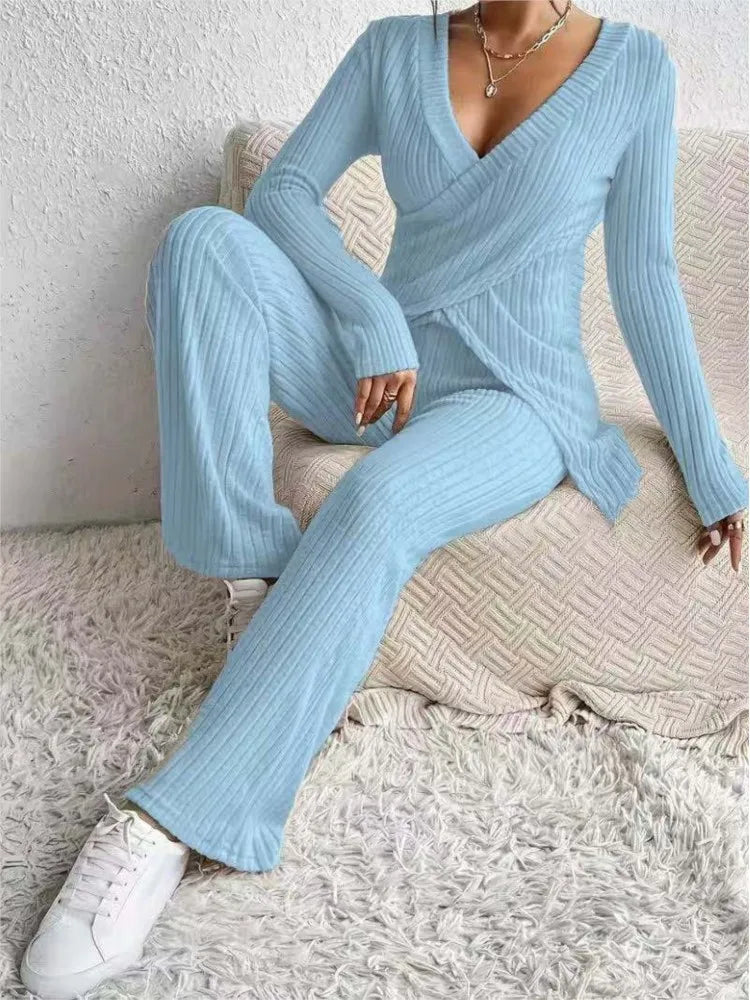 Women's Casual Solid  Long Sleeve V Neck Slim Tops+High Waist Pants 2 Pieces Set