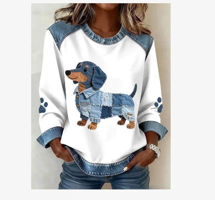 Women's Sweatshirts Pullovers  Casual Dog Printed Round Neck Long
