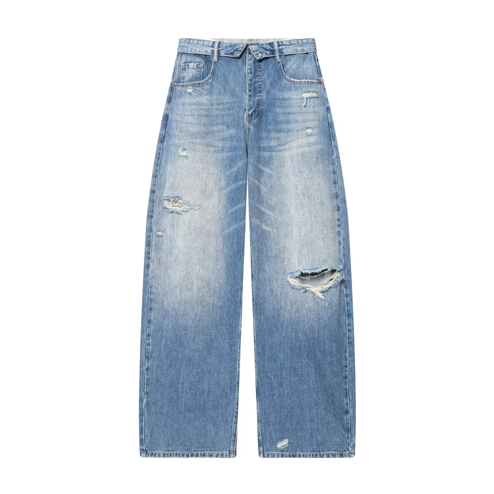 women's clothing  perforated mid waist folding waist jeans