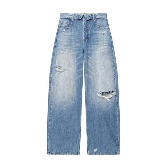 women's clothing  perforated mid waist folding waist jeans
