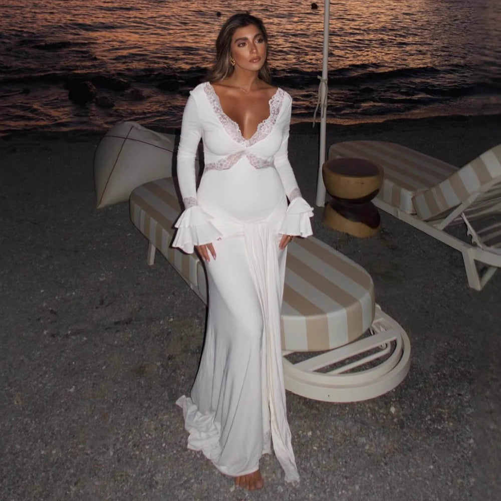 Women's Elegant  Long Flared Sleeves Slim Hollow Out Laced Dress