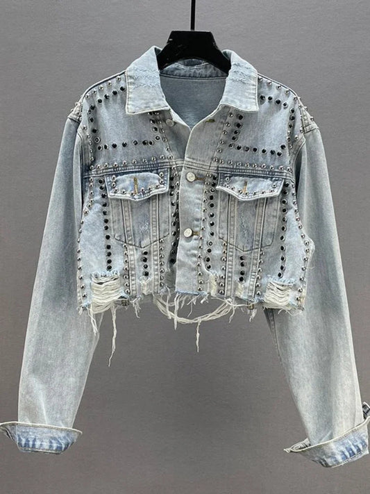 Womens Denim Jacket   Rivet Studded Jean Jacket Women