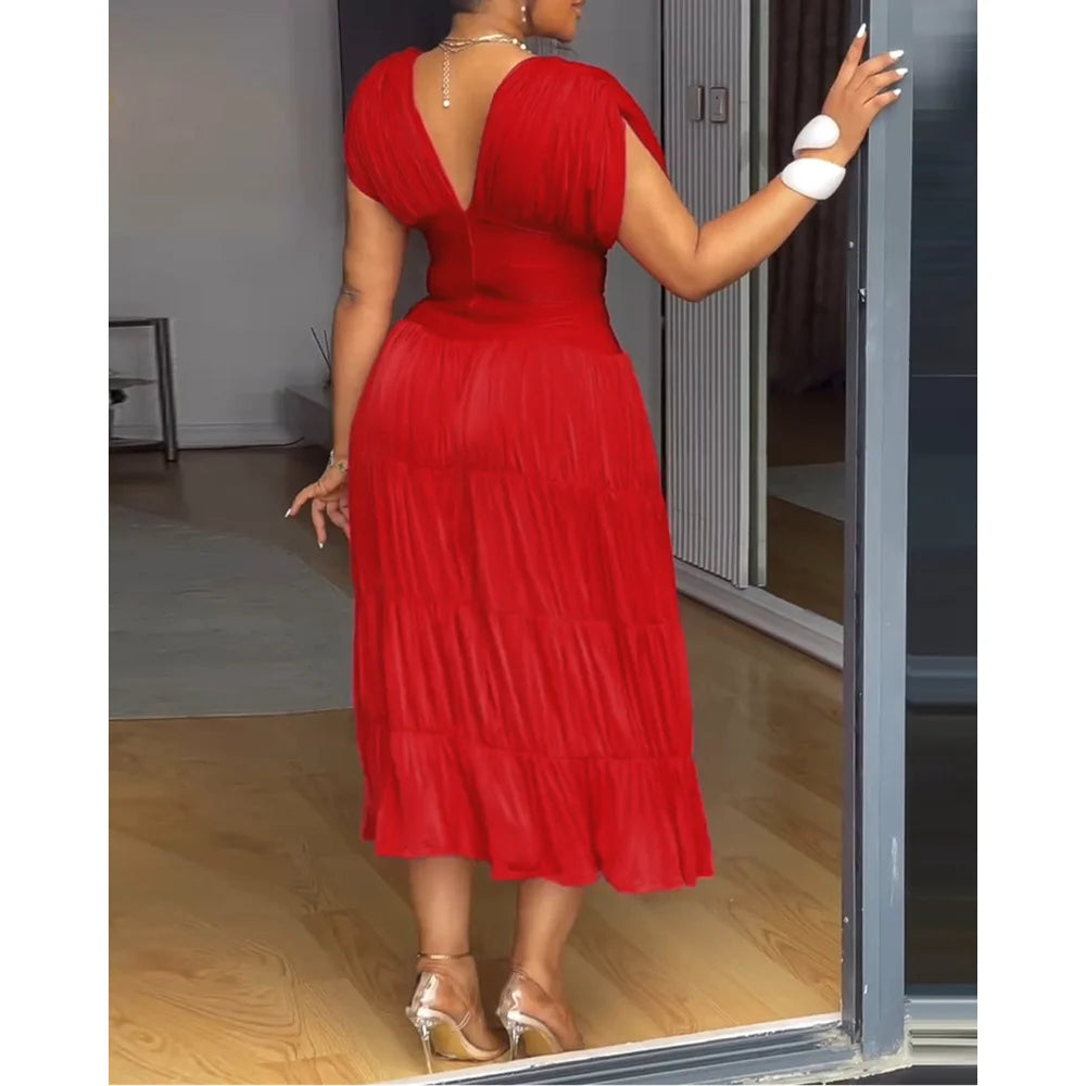Textured V Neck Sleeveless Ruched Ruffles Hem Dress Casual Waist Dress
