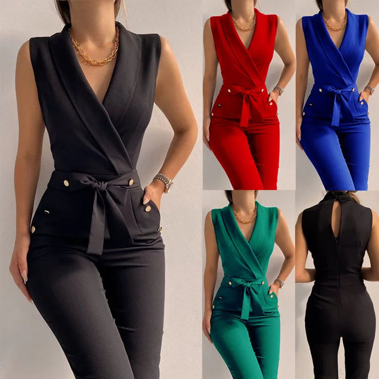 Women's Sleeveless Jumpsuit  V-neck Lace-up Jumpsuits