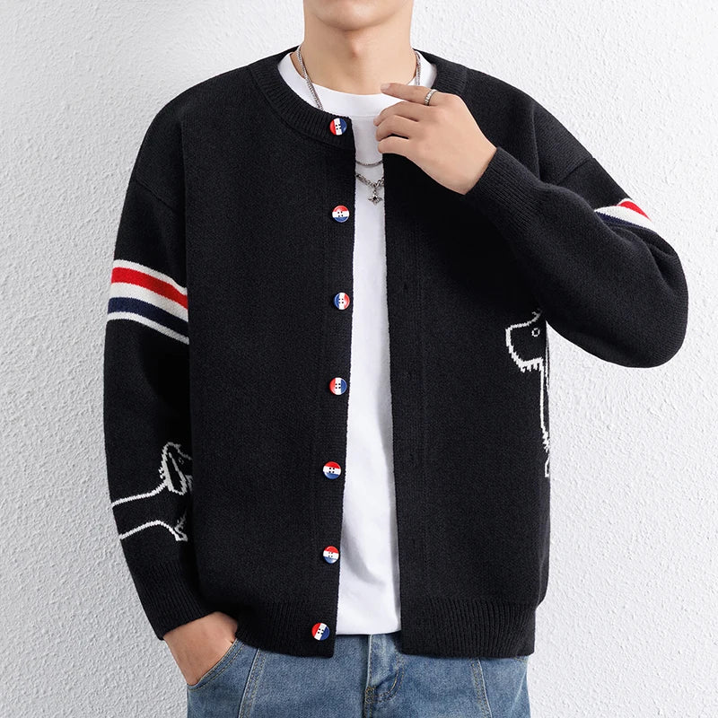Knitted Cardigan Jacket for Men  Wide Pine Stand Collar Sweater