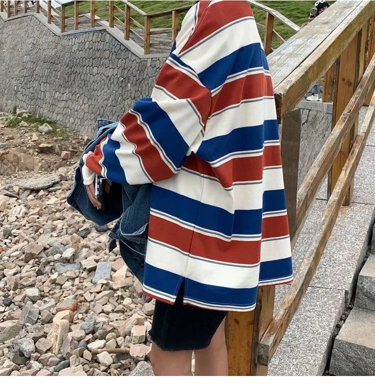 Woman  Sweatshirt Long Sleeves Tee Loose Couple Graphic stripe T-shirt