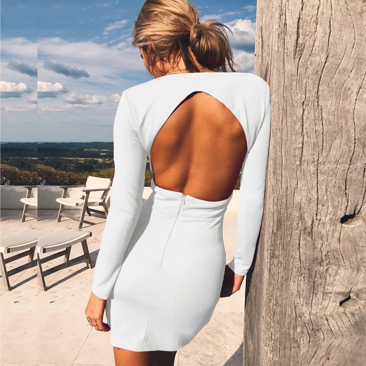 Women Sexy Long Sleeve Solid Color Dress