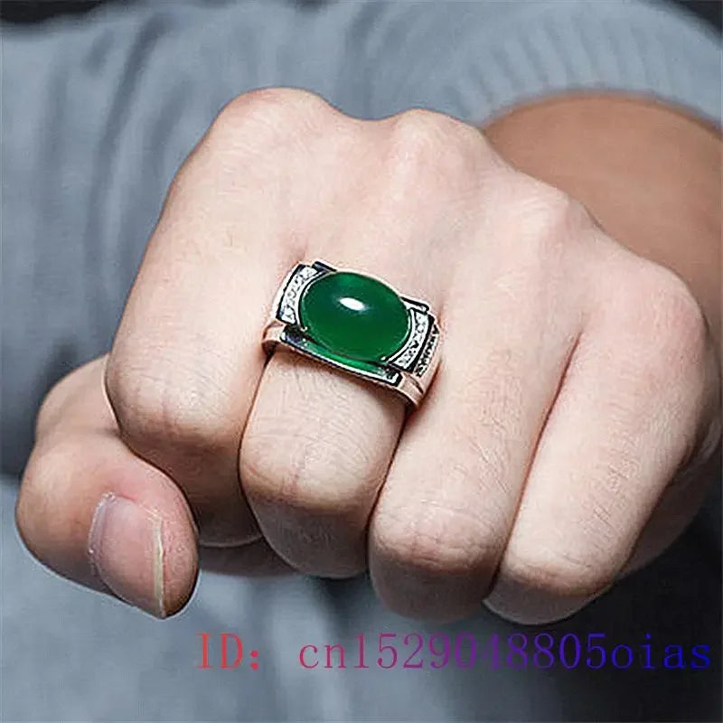Green Jade Ring Fashion Chalcedony Men Gifts Gemstone Lucky Jewelry Zircon