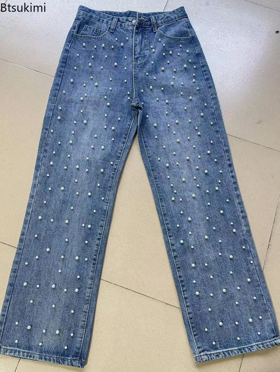 Women's Jeans Pants Beading High Waist Straight Pants