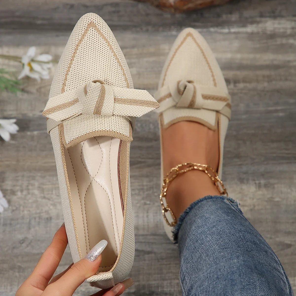 Women Flats 2024 New Knitted Slip Breathable Comfortable Solid Color Shoes