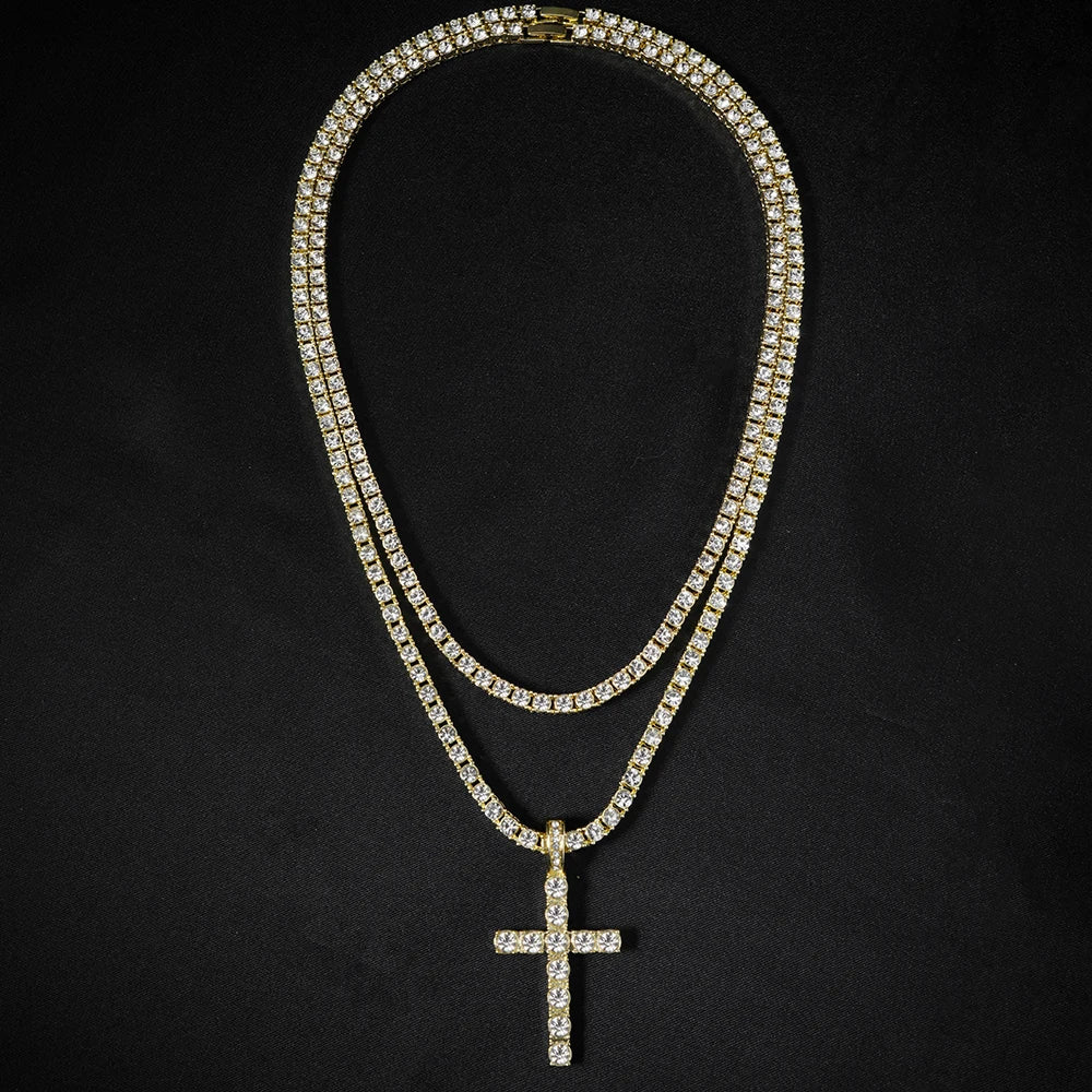 Hip Hop Iced Out Cross Pendant Necklace Strap 4mm Zircon