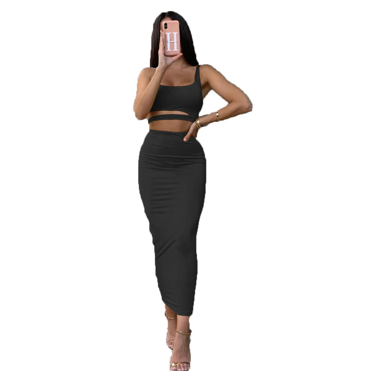 Female Clothing Sexy Pleated Hollowout Two-piece Dress