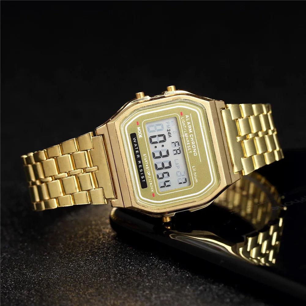 Elegant Digital Watch For Women Gold Silver Stainless Steel