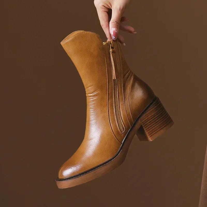 Women's Platform Chelsea Boots  Round Toe Chunky Heel Women Brown Ankle Boots