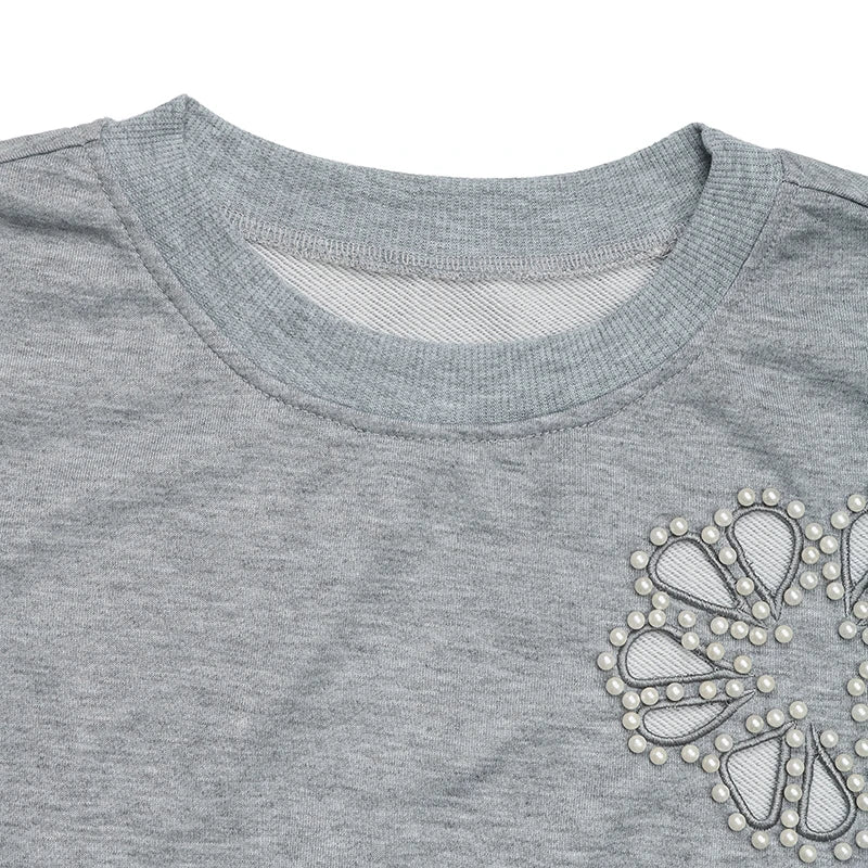 Women's Gray Pearl Embellished Cutout Sweatshirt