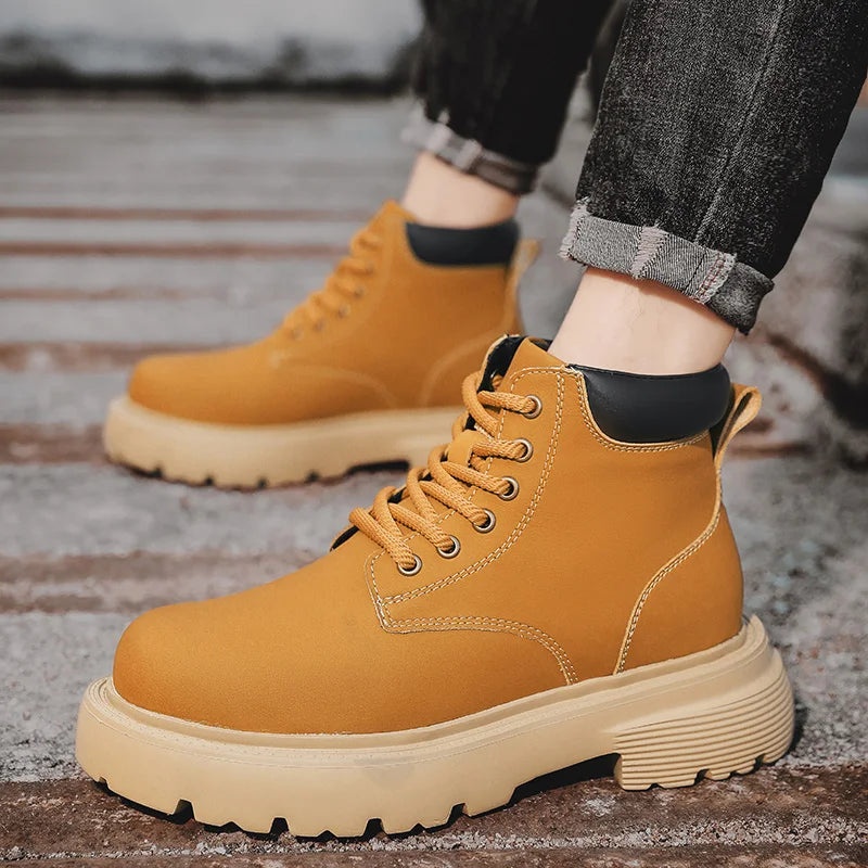 Men High Top Boots Leather Shoes Warm Outdoor Sneakers Lace Up Non-Slip Ankle Boots