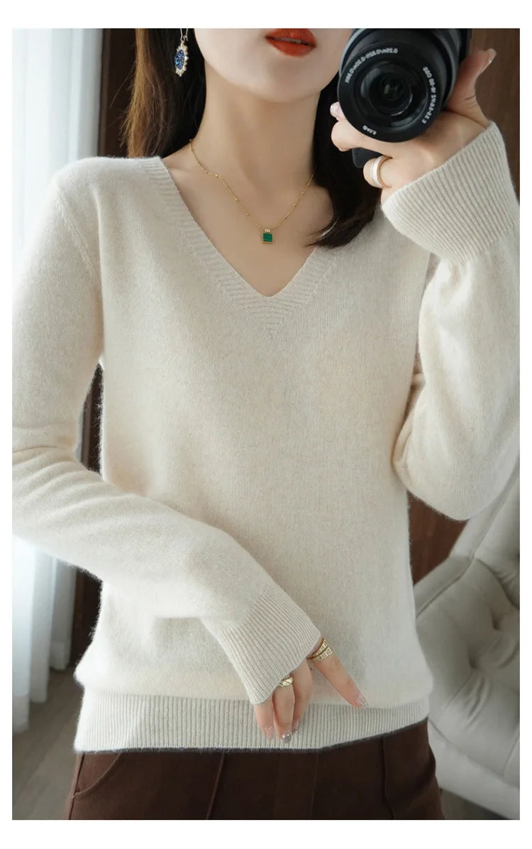 Women's Sweater  Knitted Pullovers V-neck Slim Fit Bottoming Shirt