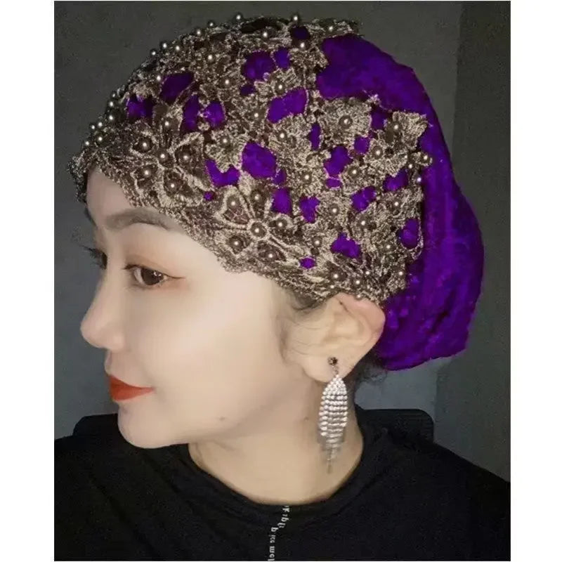 Ladies Personality Ethnic Beaded Hat Gauze Headscarf