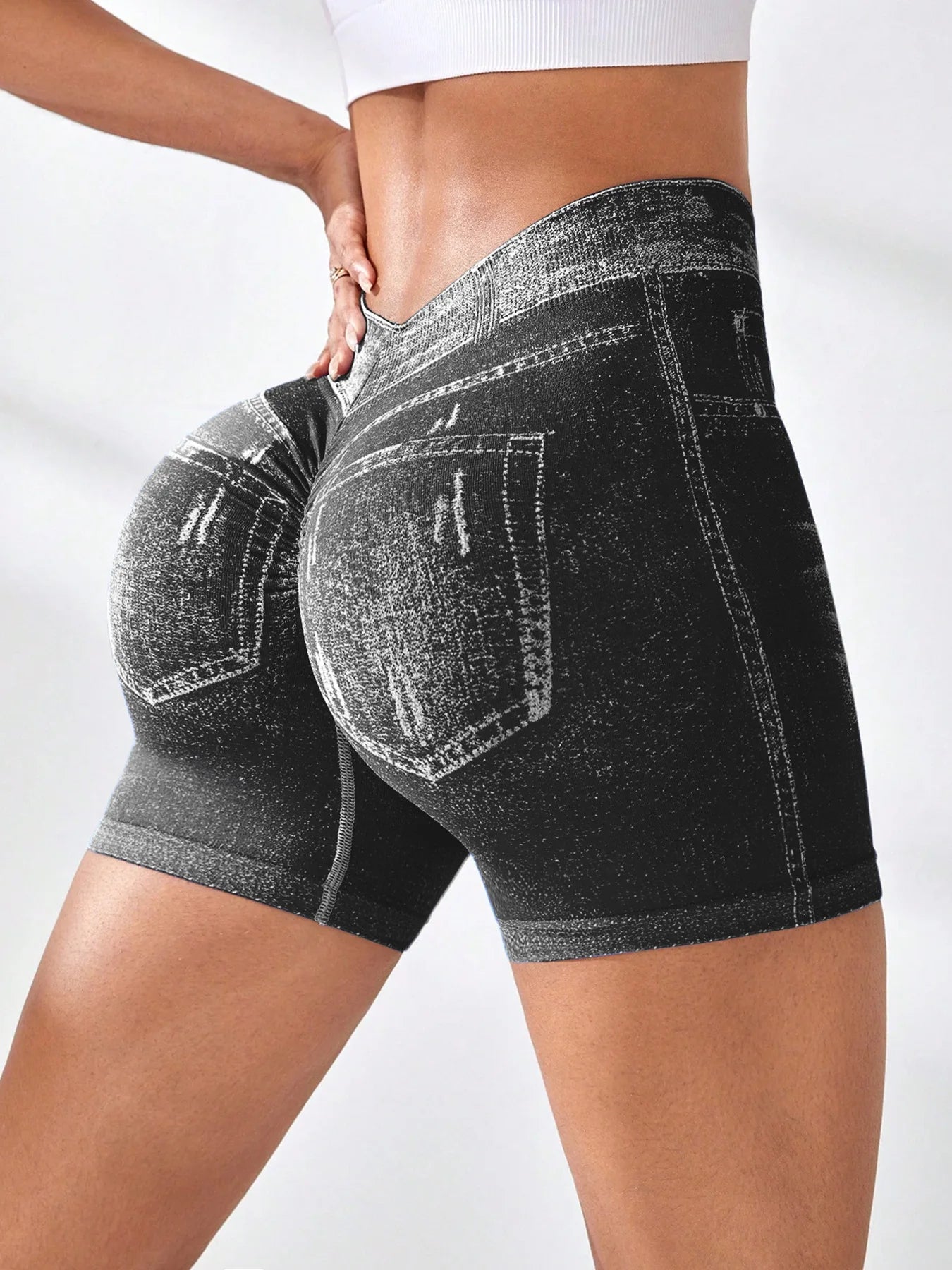 Women V back Shorts Faux Jeans Elastic Workout Pants Butt Lifting