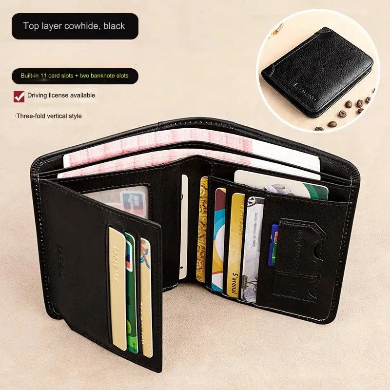 Genuine Leather Trifold Business Short Purse Wallet