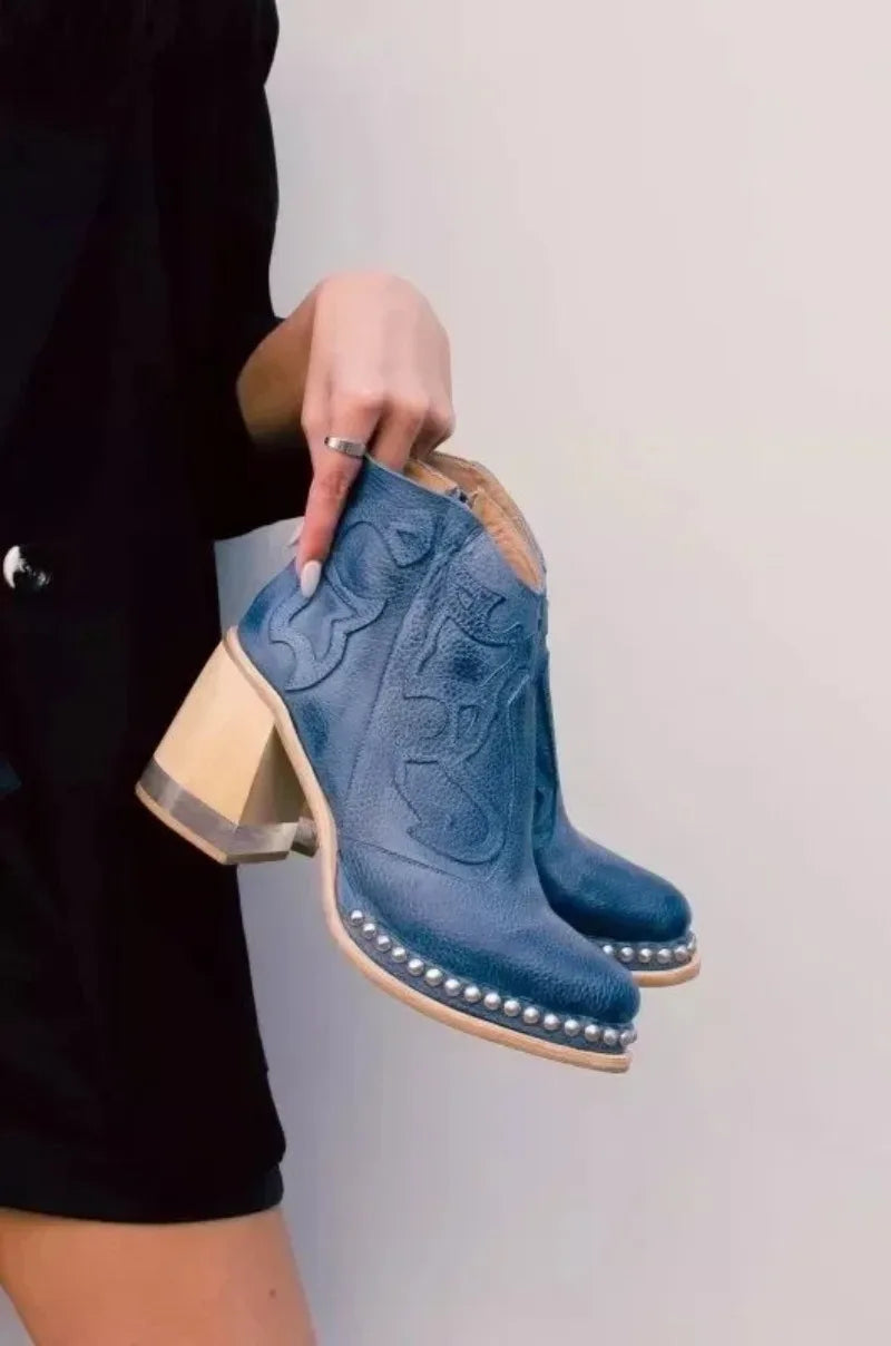 Female Ankle Boots  Leather Women's Shoes Low Heel Embroidered Design Soft Short Boots