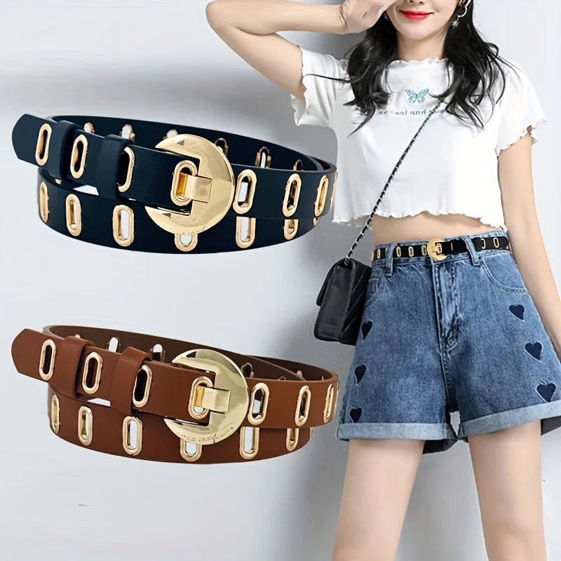 Women's Fashion Belt with Gold Crescent Buckle