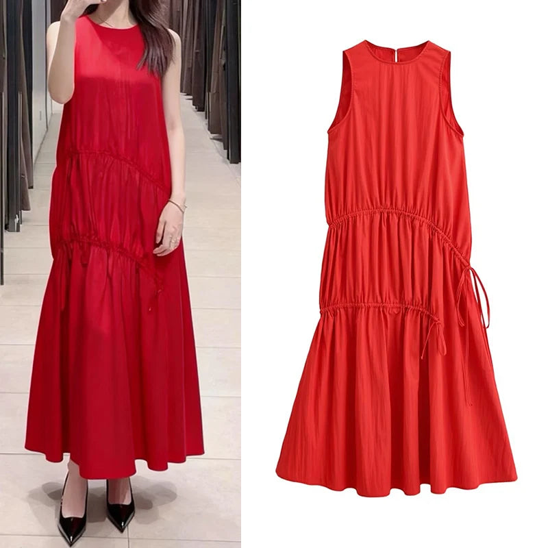 Red Round-neck Sleeveless Dress for Women
