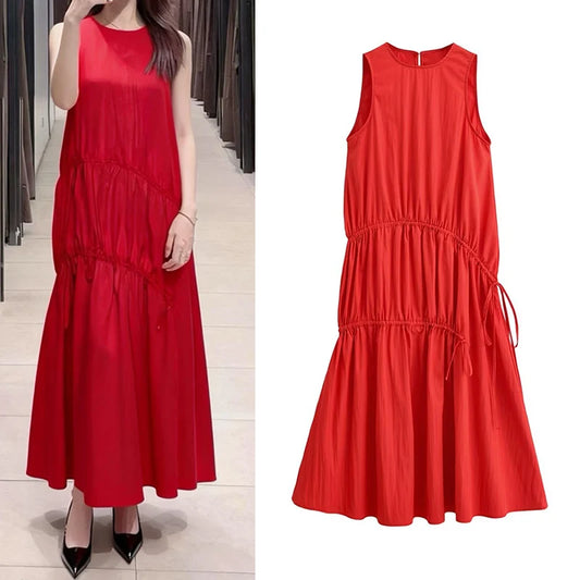 Red Round-neck Sleeveless Dress for Women